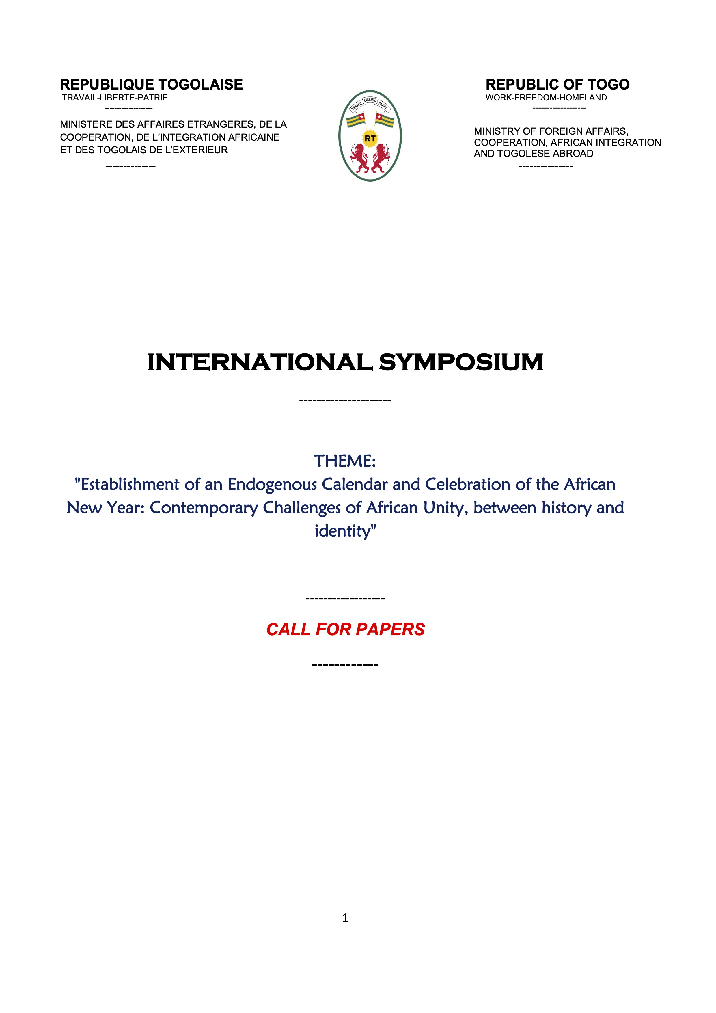 INTERNATIONAL SYMPOSIUM - THEME: "Establishment of an Endogenous Calendar and Celebration of the African New Year: Contemporary Challenges of African Unity, between history and identity"